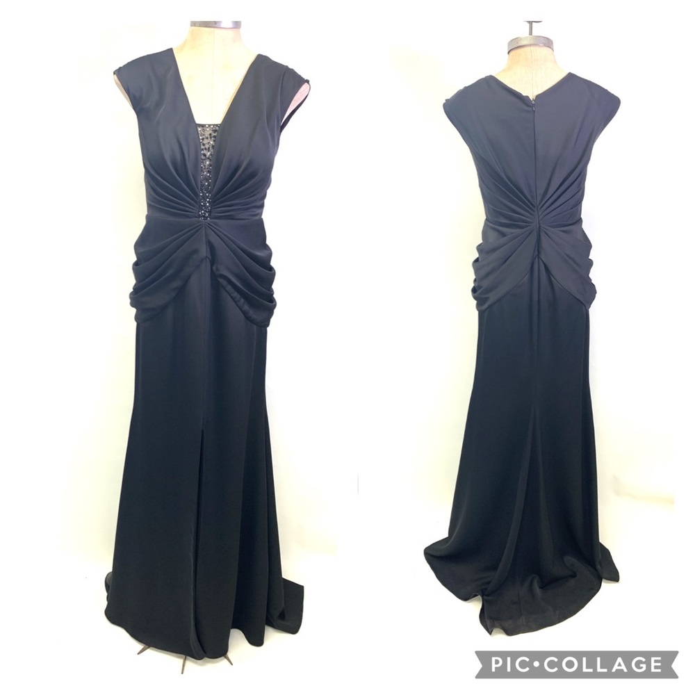 Adrianna Papell black slit front slip illusion cleavage mother of bride dress